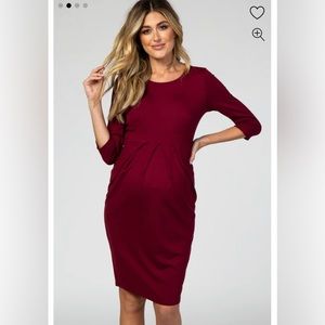 Burgundy 3/4 Sleeves Front Pleated Maternity Dress